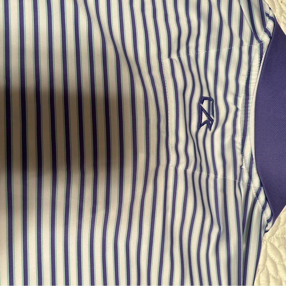 Sz medium white with purple stripes woven Johnny O golf shirt